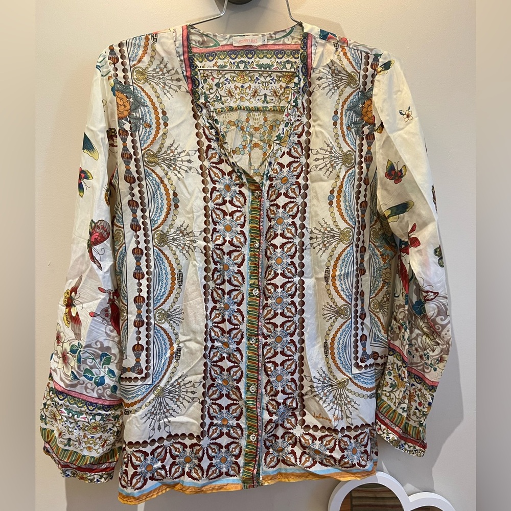 Johnny Was Button Down Silk Multicolor Bohemian Long Sleeve Top size L